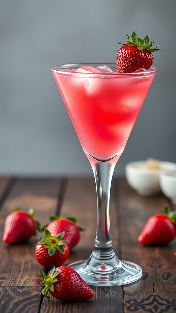 A stylish pink cocktail in a glass with fresh strawberries, set on a wooden table.